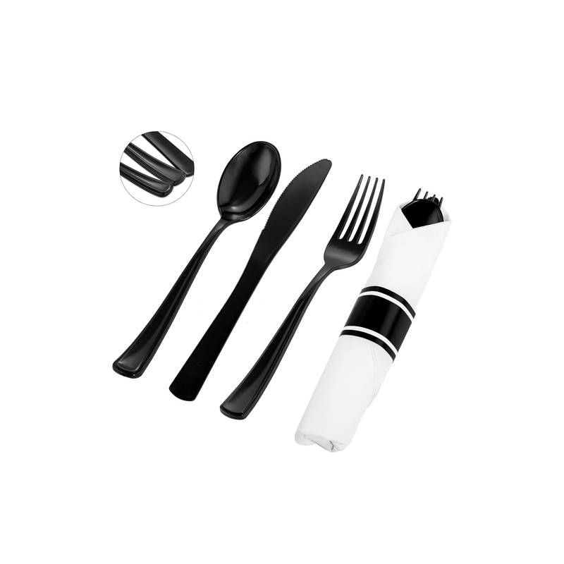 White Pre-Rolled Napkin and Black Heavy Weight Plastic Cutlery Set - 100/Case