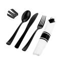 White Pre-Rolled Napkin and Black Heavy Weight Plastic Cutlery Set - 100/Case